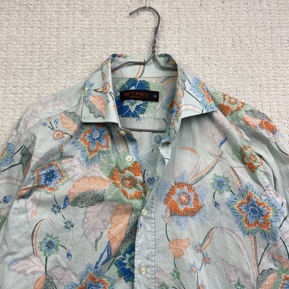 Etro Men's Powder Blue Japanese Style Floral Tropical AOP Button-Up Shirt Sz 38 - Picture 2 of 13
